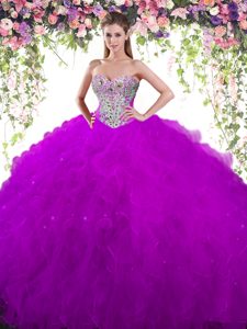 Eggplant Purple Lace Up 15th Birthday Dress Beading Sleeveless Floor Length