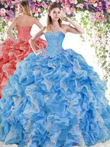 Ball Gowns Quinceanera Dresses Blue And White Sweetheart Organza Sleeveless Floor Length Lace Up