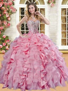 Trendy Fuchsia Organza Zipper Quinceanera Dresses Sleeveless Floor Length Beading and Ruffles