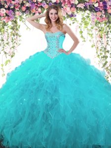 Pretty Teal Quince Ball Gowns Military Ball and Sweet 16 and Quinceanera and For with Beading and Ruffles Sweetheart Sleeveless Lace Up