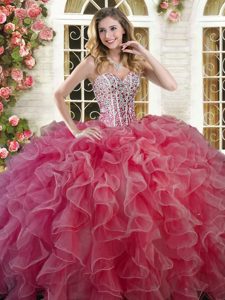 Sophisticated Coral Red Ball Gowns Beading and Ruffles Sweet 16 Quinceanera Dress Lace Up Organza Sleeveless Floor Length