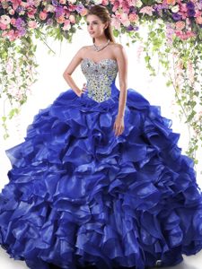 Delicate Royal Blue Ball Gowns Organza Sweetheart Sleeveless Beading and Ruffles Floor Length Lace Up Sweet 16 Dresses
