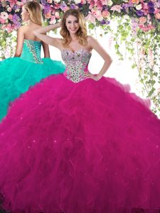 Noble Ball Gowns Quinceanera Dress Fuchsia Sweetheart Tulle Sleeveless Floor Length Lace Up
