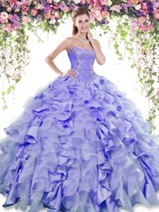 Exquisite Sleeveless Floor Length Beading and Ruffles Lace Up Quinceanera Dresses with Lavender