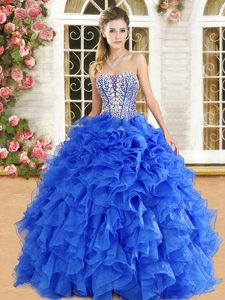 Royal Blue Organza Lace Up Quince Ball Gowns Sleeveless Floor Length Beading and Ruffles