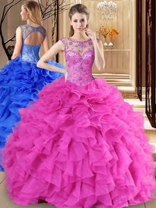 Great Hot Pink Ball Gowns Scoop Sleeveless Organza Floor Length Lace Up Beading and Ruffles Quinceanera Gowns