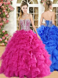 Strapless Sleeveless Lace Up Sweet 16 Dresses Hot Pink Organza