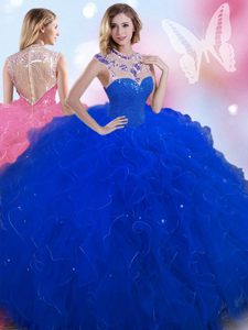 Most Popular Tulle High-neck Sleeveless Zipper Beading Quinceanera Gowns in Royal Blue