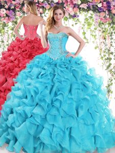 Best Selling Baby Blue Ball Gowns Organza Sweetheart Sleeveless Beading and Ruffles Lace Up Quinceanera Dress Sweep Train