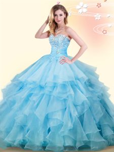 Glittering Baby Blue Ball Gowns Sweetheart Sleeveless Organza Floor Length Lace Up Beading and Ruffles 15 Quinceanera Dress