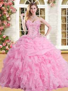 Modern Floor Length Lace Up Quinceanera Gowns Rose Pink and In for Military Ball and Sweet 16 and Quinceanera with Appliques and Ruffles and Pick Ups