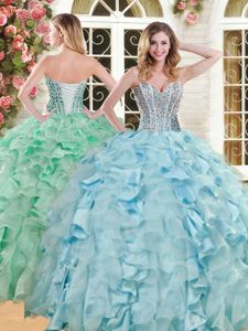 Beautiful Gold Quince Ball Gowns Military Ball and Sweet 16 and Quinceanera and For with Beading and Ruffles Sweetheart Sleeveless Lace Up