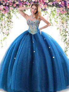 Ball Gowns Quinceanera Gowns Blue Sweetheart Tulle Sleeveless Floor Length Lace Up