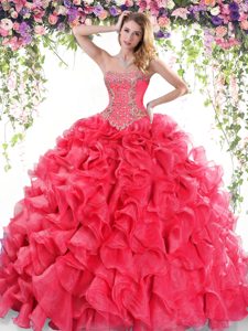 Red Organza Lace Up Quinceanera Dresses Sleeveless Sweep Train Beading and Ruffles