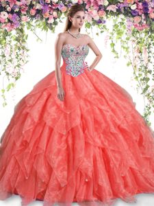 Orange Red Lace Up Quince Ball Gowns Beading and Ruffles Sleeveless Floor Length