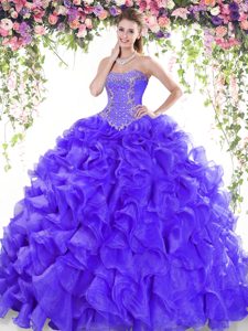 Exceptional Sleeveless Floor Length Beading and Ruffles Lace Up Ball Gown Prom Dress with White And Purple