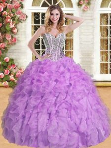 Lavender Sleeveless Floor Length Beading and Ruffles Lace Up Quince Ball Gowns