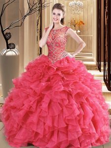 Fitting Scoop Coral Red Sleeveless Beading and Ruffles Floor Length 15 Quinceanera Dress