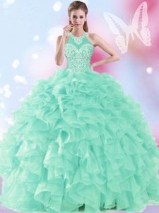 Halter Top Sleeveless Organza Floor Length Lace Up Quinceanera Gown in Apple Green for with Beading and Ruffles