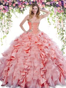 Perfect Floor Length Watermelon Red 15 Quinceanera Dress Organza and Taffeta Sleeveless Beading and Ruffles