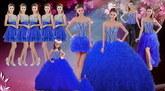 Fancy Royal Blue Ball Gowns Tulle Sweetheart Sleeveless Beading and Ruffles Floor Length Lace Up Ball Gown Prom Dress