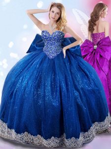 Pretty Sleeveless Floor Length Beading and Lace and Bowknot Lace Up Quinceanera Dresses with Royal Blue