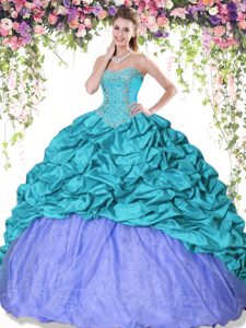 Turquoise and Lavender Sleeveless Beading and Pick Ups Floor Length Quince Ball Gowns