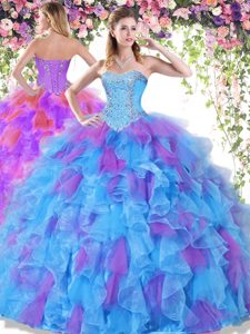 Spectacular Floor Length Lace Up Quinceanera Dress Multi-color and In for Military Ball and Sweet 16 and Quinceanera with Beading and Ruffles