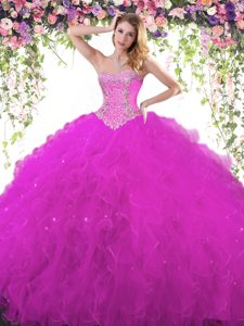 Fuchsia Lace Up Ball Gown Prom Dress Beading Sleeveless Floor Length