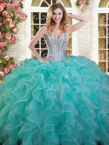 Deluxe Peach Lace Up Sweetheart Beading Sweet 16 Quinceanera Dress Tulle Sleeveless