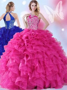 Free and Easy Halter Top Sleeveless Organza Floor Length Lace Up Quinceanera Court Dresses in Hot Pink for with Beading and Ruffles