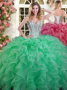 Spectacular Floor Length Lace Up Sweet 16 Dresses Green and In for Military Ball and Sweet 16 and Quinceanera with Beading and Ruffles