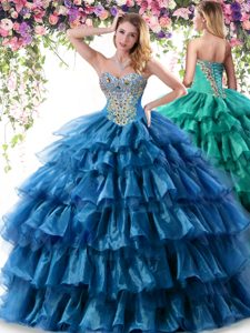 Luxury Ruffled Floor Length Ball Gowns Sleeveless Teal Vestidos de Quinceanera Lace Up