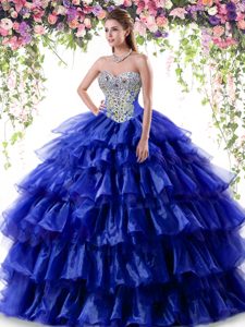 Unique Ruffled Ball Gowns Sweet 16 Dress Royal Blue Sweetheart Organza Sleeveless Floor Length Lace Up
