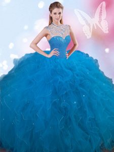 Traditional Blue High-neck Lace Up Beading Quinceanera Dress Sleeveless