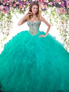 Excellent Turquoise Lace Up Quinceanera Gown Beading Sleeveless Floor Length