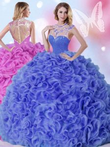 Floor Length Blue Quinceanera Dresses Organza Sleeveless Beading and Ruffles