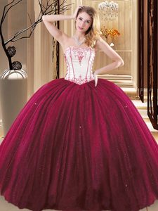 Sumptuous Wine Red Ball Gowns Strapless Sleeveless Tulle and Sequined Floor Length Lace Up Embroidery Quince Ball Gowns