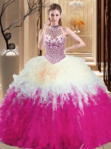 Halter Top Multi-color Sleeveless Tulle Lace Up Quinceanera Dresses for Military Ball and Sweet 16 and Quinceanera