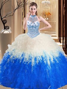 Halter Top Sleeveless Floor Length Beading and Ruffles Lace Up Ball Gown Prom Dress with Blue And White