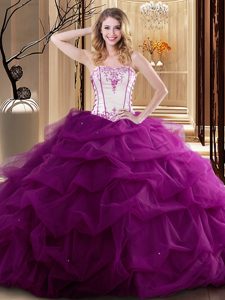 Simple Fuchsia Tulle Lace Up Quince Ball Gowns Sleeveless Floor Length Embroidery and Ruffled Layers