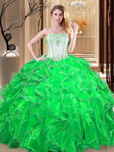 Green Sleeveless Organza Lace Up Sweet 16 Quinceanera Dress for Military Ball and Sweet 16 and Quinceanera