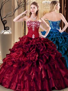 Elegant Wine Red Sleeveless Floor Length Embroidery and Ruffles Lace Up Sweet 16 Dresses