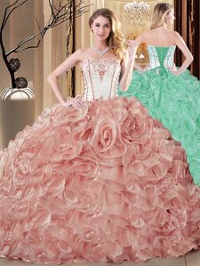 Perfect Organza Strapless Sleeveless Lace Up Embroidery and Ruffles Sweet 16 Dress in Champagne