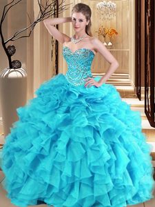 Sophisticated Aqua Blue and Turquoise Sweetheart Neckline Beading and Ruffles Sweet 16 Quinceanera Dress Sleeveless Lace Up