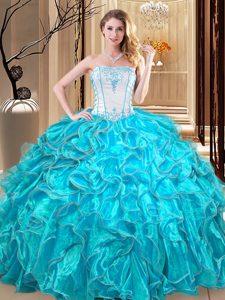 Teal Organza Lace Up Strapless Sleeveless Floor Length Quinceanera Gowns Embroidery and Ruffles