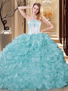 High Class Blue And White Sleeveless Organza Lace Up Quinceanera Gown for Military Ball and Sweet 16