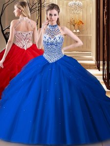 Perfect Halter Top Lace Up Sweet 16 Dresses Teal and In for Military Ball and Sweet 16 and Quinceanera with Beading and Pick Ups Brush Train