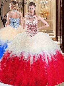 Discount White And Red Halter Top Neckline Beading and Ruffles Sweet 16 Dresses Sleeveless Lace Up