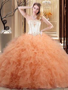 Custom Design Floor Length Orange Sweet 16 Dresses Organza Sleeveless Embroidery and Ruffled Layers